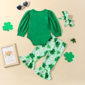 My First St. Patrick's Day Baby Girl Outfit Green Long Sleeve Romper Four Leaf Clover Flared Pants Headband Set (Green, 0-3 Months)