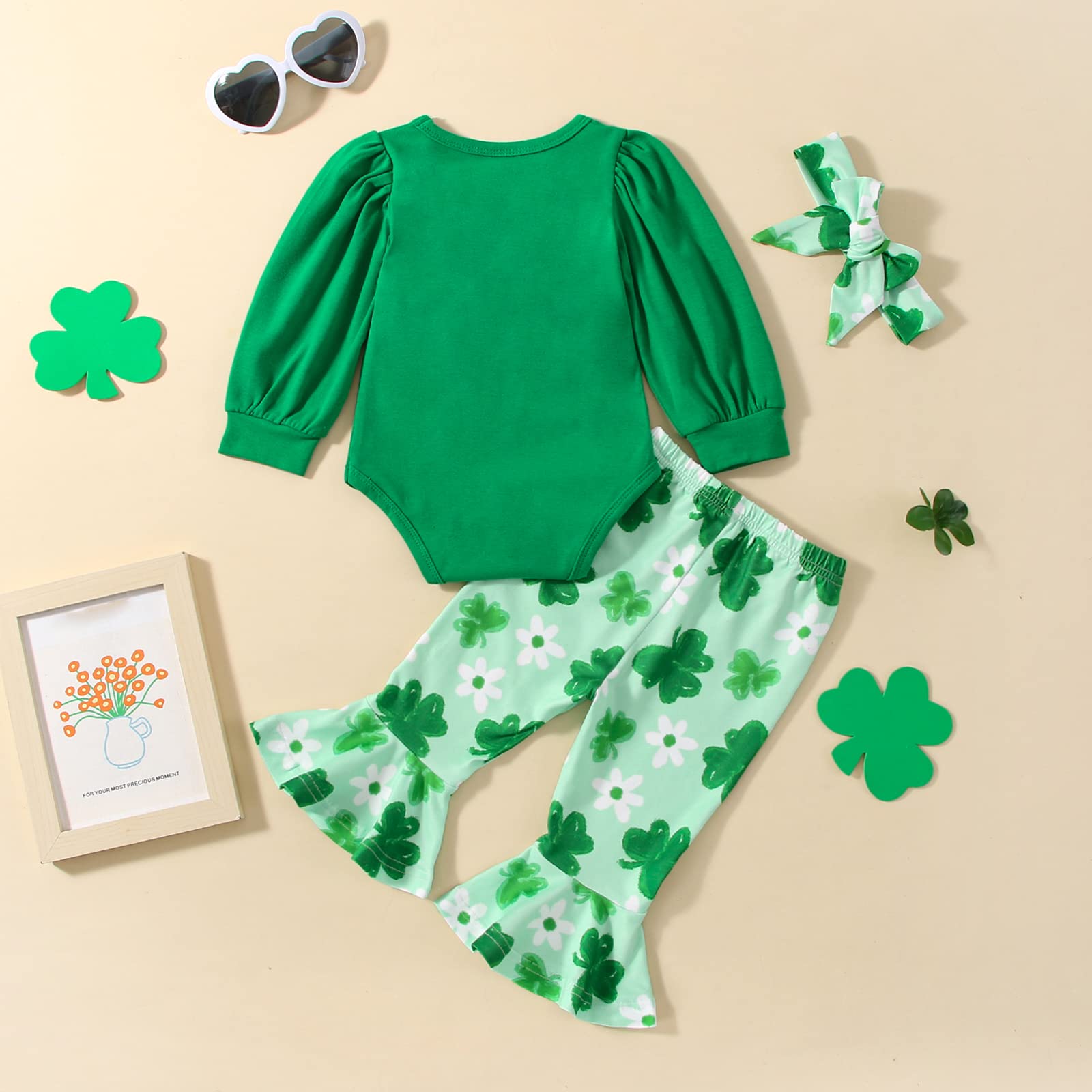 My First St. Patrick's Day Baby Girl Outfit Green Long Sleeve Romper Four Leaf Clover Flared Pants Headband Set (Green, 0-3 Months)