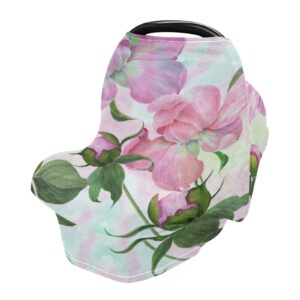 Kigai Peony Flowers Pink Car Seat Cover for Babies, Multi Use Nursing Covers for Breastfeeding, Carrier, Stroller, Shopping Cart - Soft Breathable Shower Gifts for Boys Girls