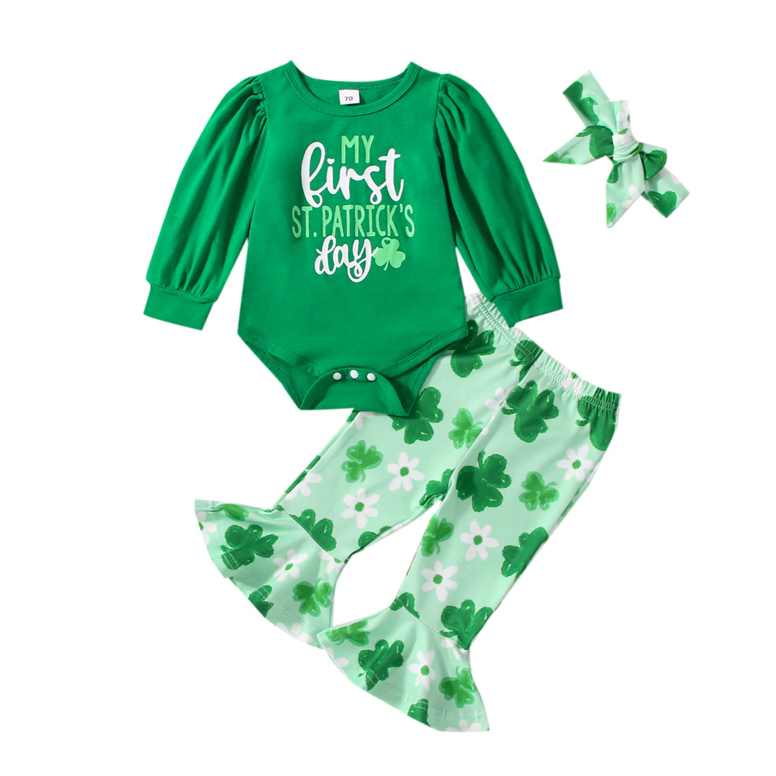 My First St. Patrick's Day Baby Girl Outfit Green Long Sleeve Romper Four Leaf Clover Flared Pants Headband Set (Green, 0-3 Months)