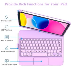 GGH Touchpad Keyboard Case for iPad 10th Generation,Multi-Touch Trackpad Keyboard Case with Apple Pencil Holder,360°Rotatable Protective Cover for Apple 2022 10.9-inch iPad(Light Purple)