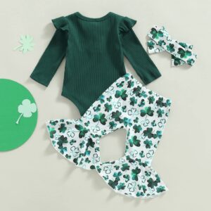 St. Patrick 's Day Outfit Clothes SetNewborn Infant Baby Girl Solid Long Sleeve Romper Clover Flared Pants Headband Set (Green, 0-3 Months)