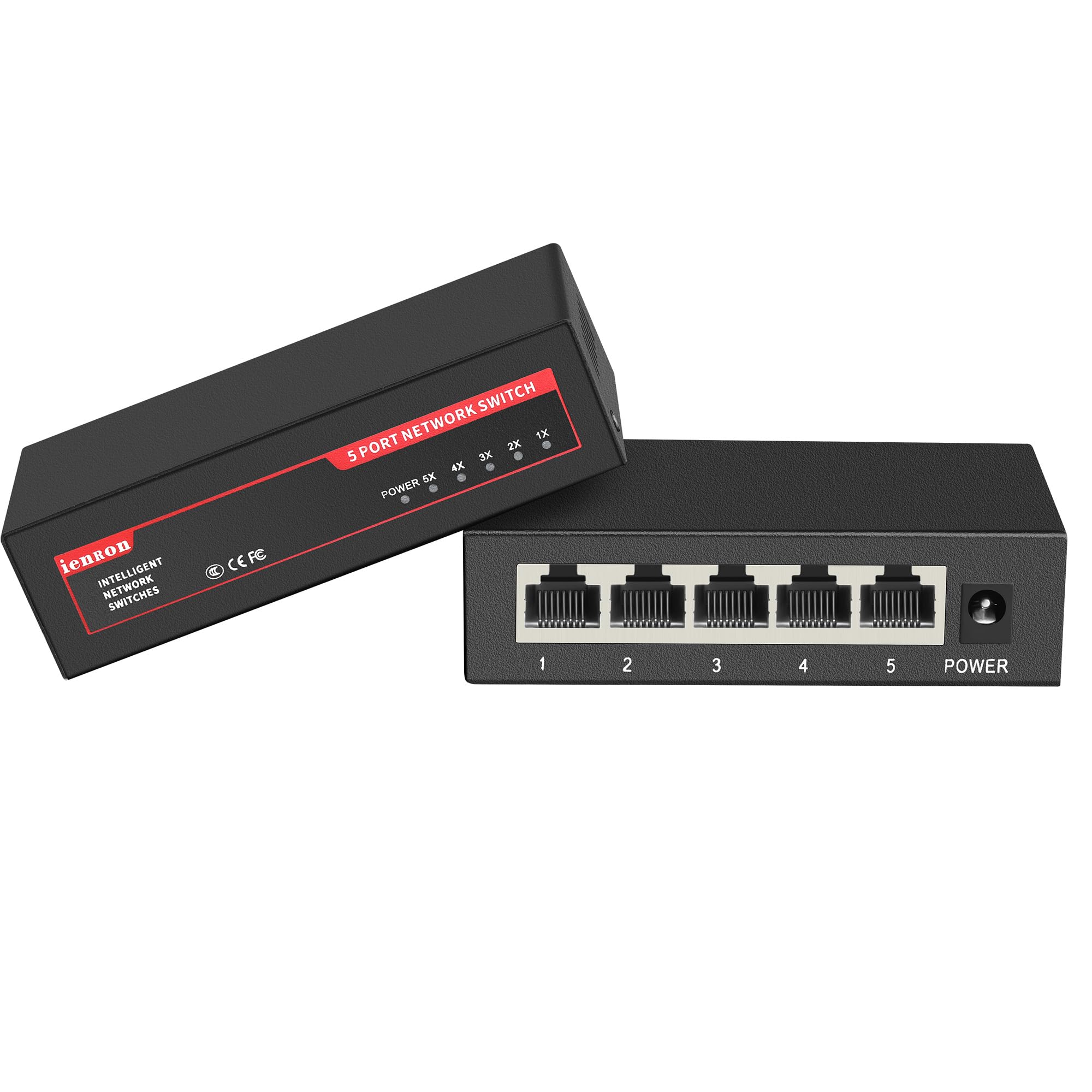 ienRon 5 Ports Gigabit Network Switch, Supported Desktop or Wall Mount Plug and Play with AI Detection Unmanaged Tiny Ethernet Splitter Network Switch in Metal Case, Red / Black