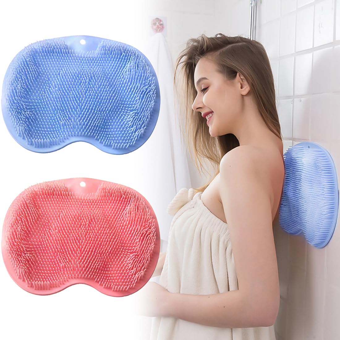 VOPHIA 2 Pack Shower Back & Foot Scrubber,Wall Mounted Back Scrubber Silicone Bath Massage Cushion Brush with Suction Cups,Bathroom Wash Foot Mat Exfoliating Dead Skin Foot Brush (L-Pink Blue)