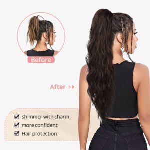 Flufymooz Ponytail Extension, 26 Inch Drawstring Ponytail Hair Extensions for Women，Long Curly Wavy Ponytail Natural Wavy Synthetic Hairpiece for Women Daily Use party (26 Inch Black Brown)