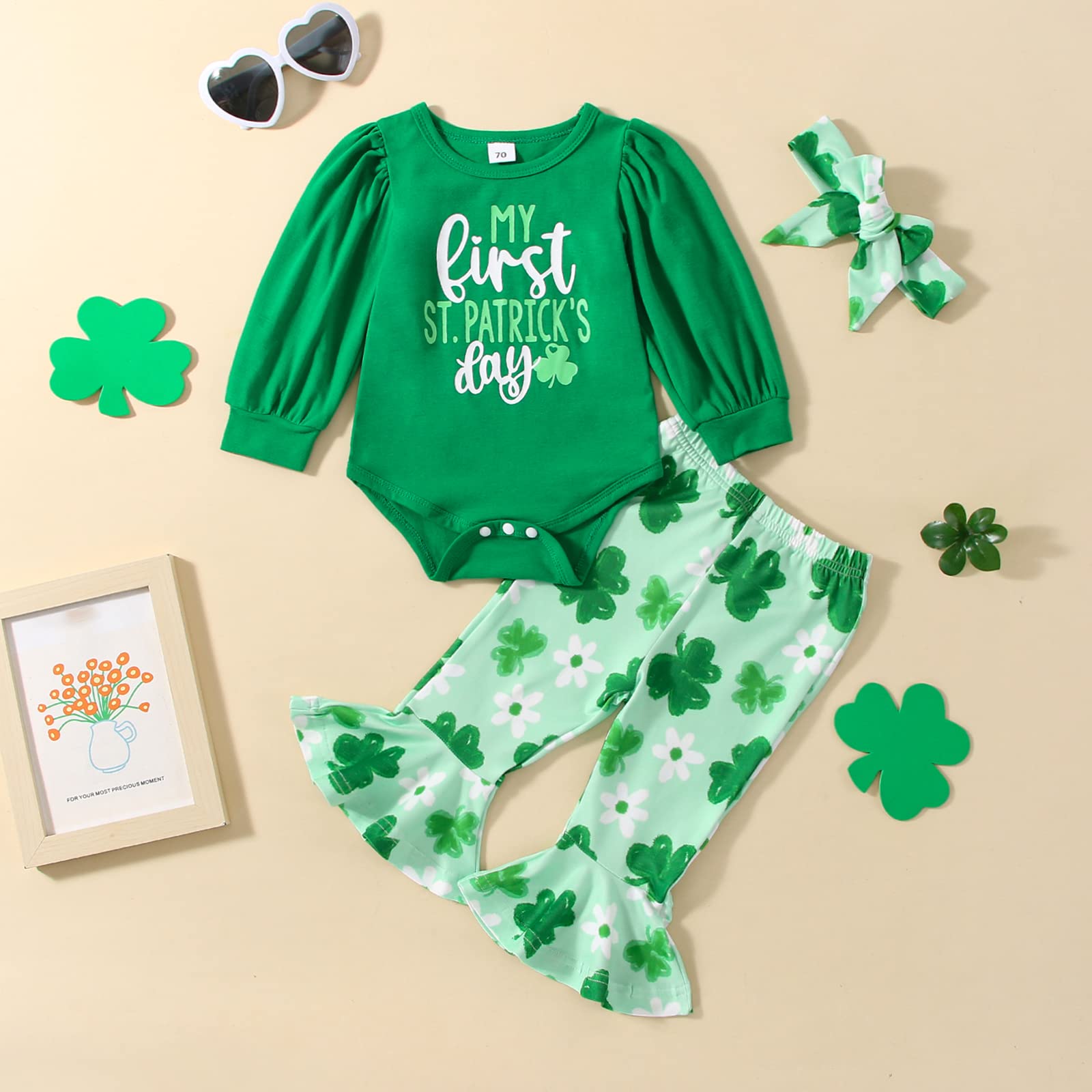 My First St. Patrick's Day Baby Girl Outfit Green Long Sleeve Romper Four Leaf Clover Flared Pants Headband Set (Green, 0-3 Months)