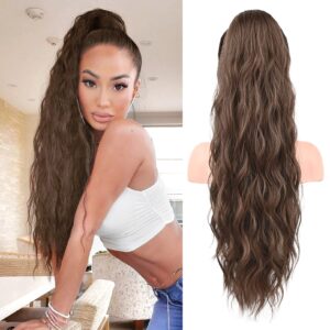 flufymooz ponytail extension, 26 inch drawstring ponytail hair extensions for women， long curly wavy ponytail natural wavy synthetic hairpiece for women (26 inch brown with auburn)