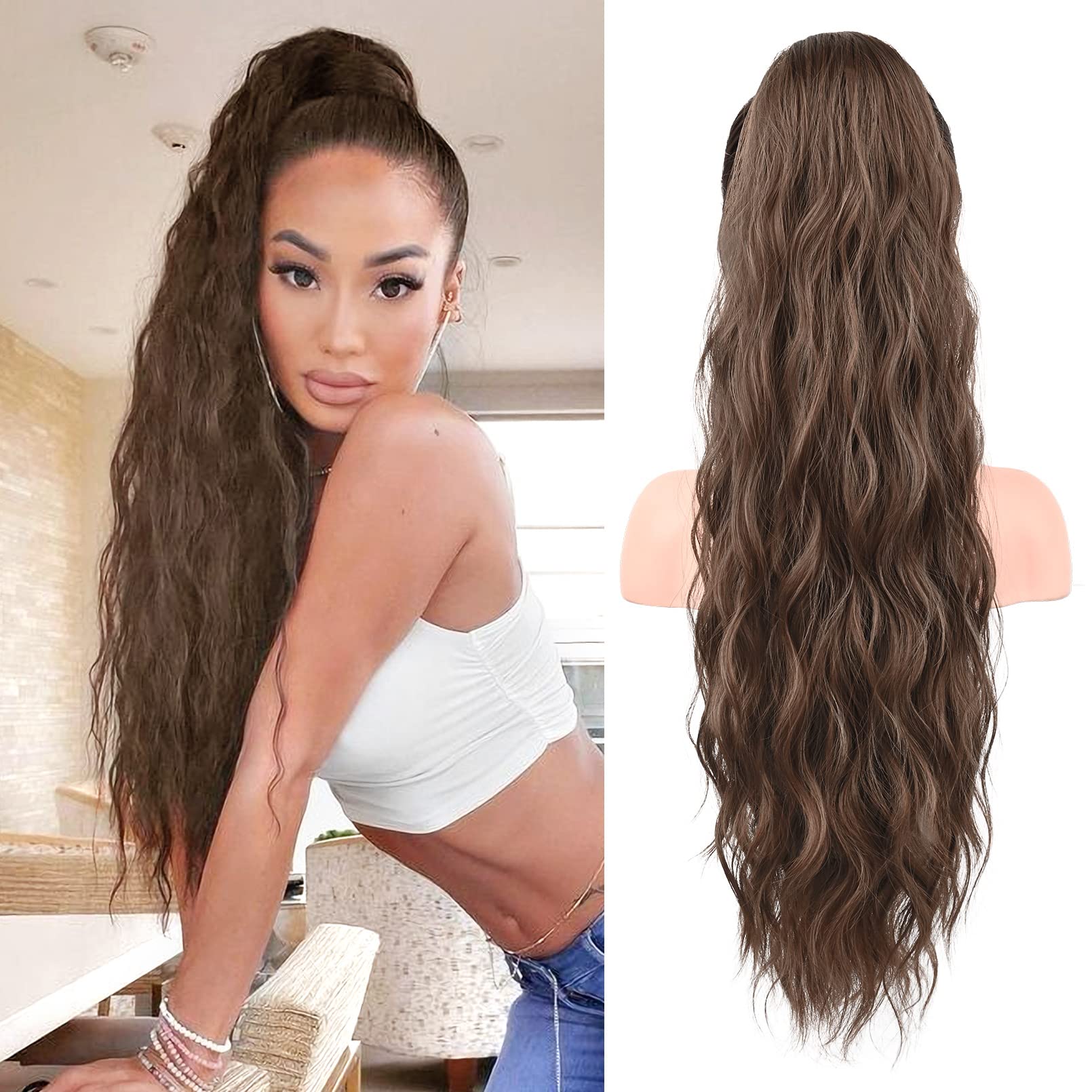 FLUFYMOOZ Ponytail Extension, 26 Inch Drawstring Ponytail Hair Extensions for Women， Long Curly Wavy Ponytail Natural Wavy Synthetic Hairpiece for Women (26 Inch Brown with Auburn)