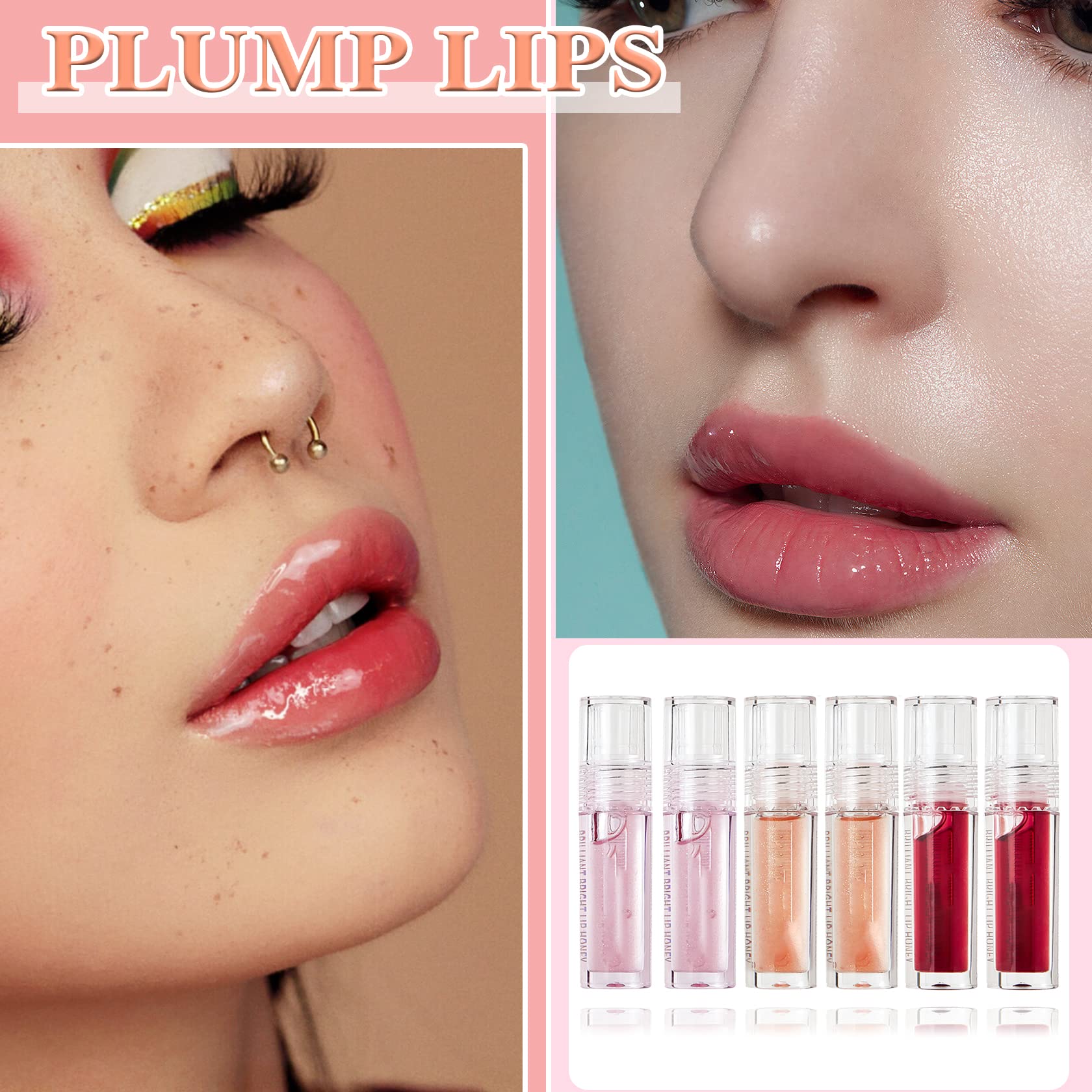 Fusang 6 Pcs Plumping Lip Oil Tinted Lip Balm Stain Set Hydrating Lip Gloss Lip Care Transparent Lip Oil Nourishing Long Lasting Shimmer Shine Primer Lip Tint Makeup,Moisturizing,Lighten Lip Lines