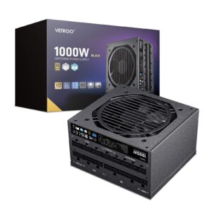 vetroo 1000w black power supply atx 3.0 ready dual pcie 5.0, 80 plus gold full modular, compact size, japanese 105°c capacitors, eco mode with 120mm fdb fan, 10 year warranty, for gaming pc and more