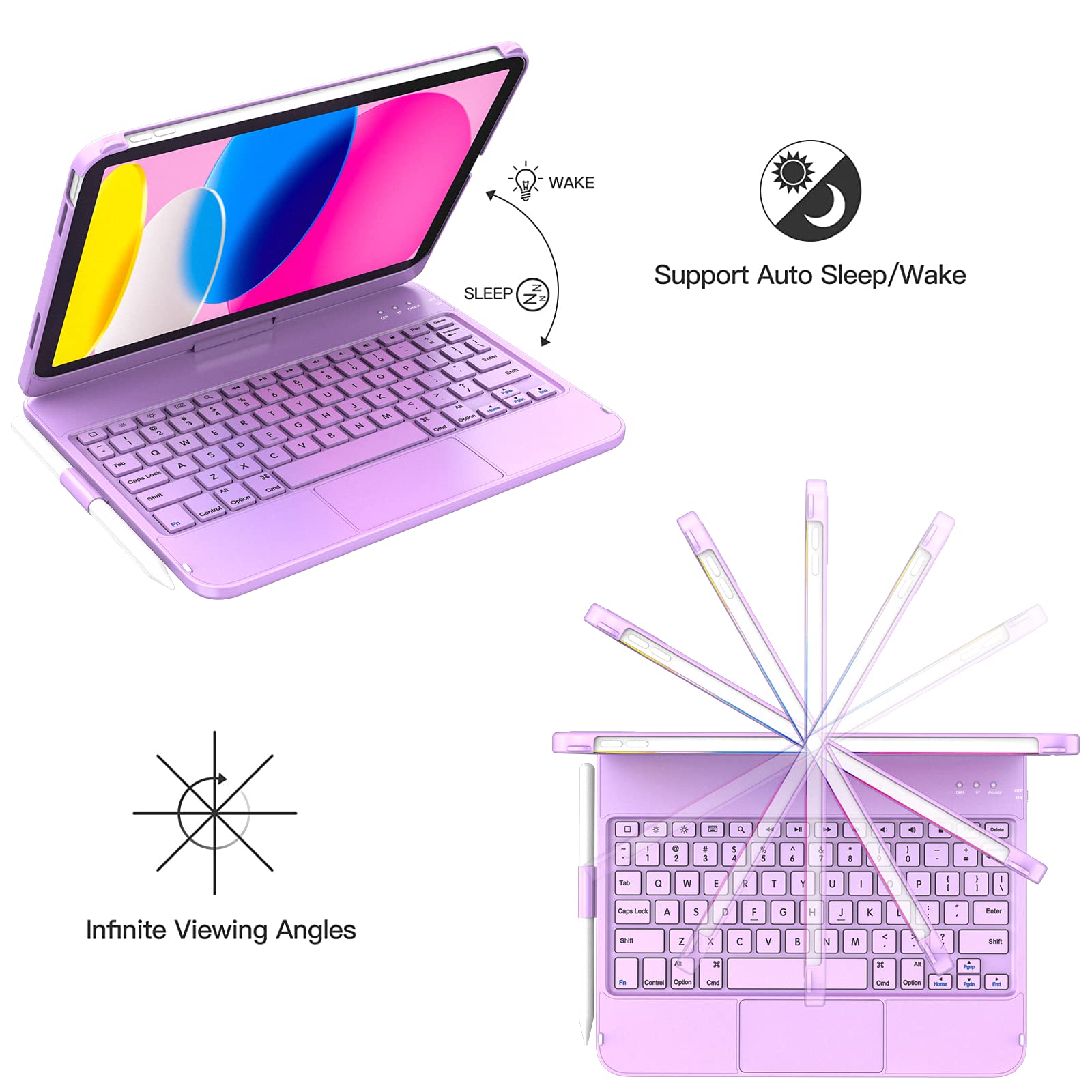 GGH Touchpad Keyboard Case for iPad 10th Generation,Multi-Touch Trackpad Keyboard Case with Apple Pencil Holder,360°Rotatable Protective Cover for Apple 2022 10.9-inch iPad(Light Purple)