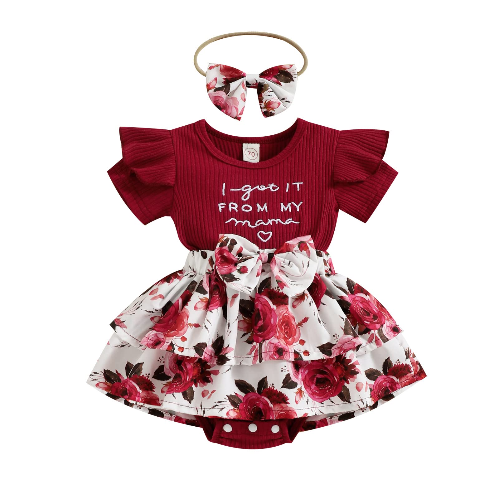 Newborn Baby Girls Daisy Romper Dress Summer Mama Saying Clothes Short Sleeve Jumpsuit Floral Onesie Headband (Wine Red, 6-12 Months)