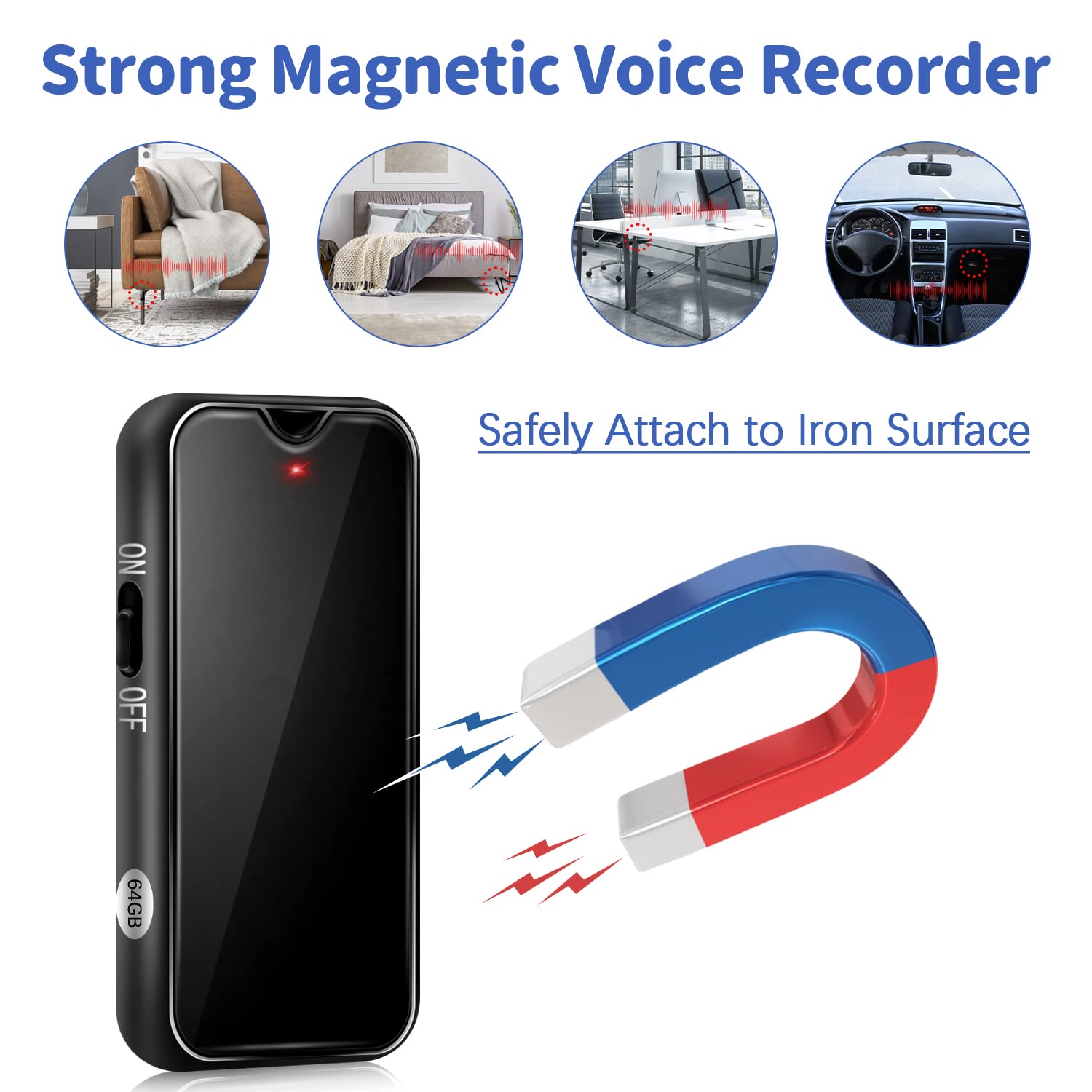 Voice Recorder-64GB(4552 Hours) Large Memory Voice Recorders|Magnet Adsorption Long Lasting Voice Recording Device with Android OTG, Compatible with Windows iOS Smart Phone