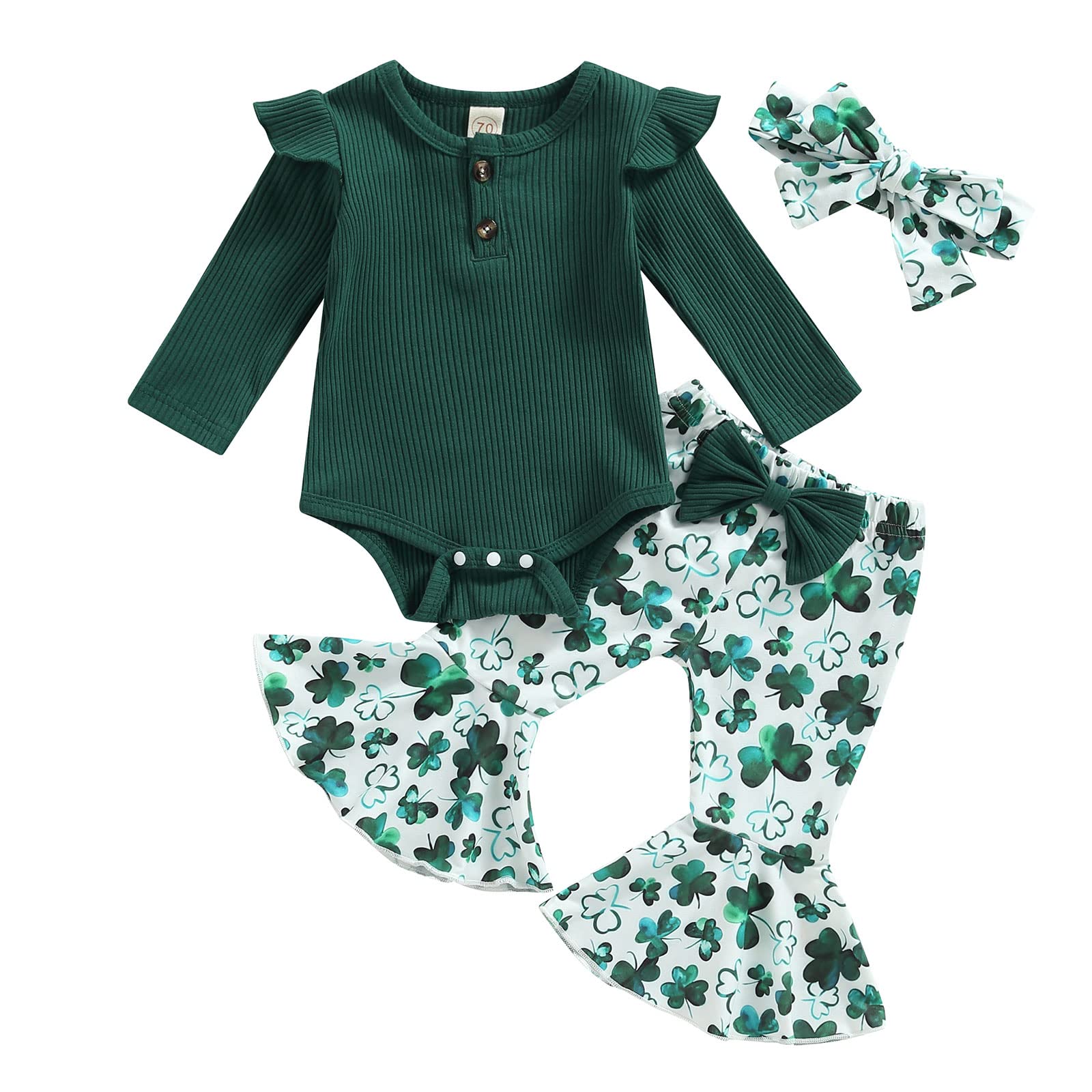 St. Patrick 's Day Outfit Clothes SetNewborn Infant Baby Girl Solid Long Sleeve Romper Clover Flared Pants Headband Set (Green, 0-3 Months)