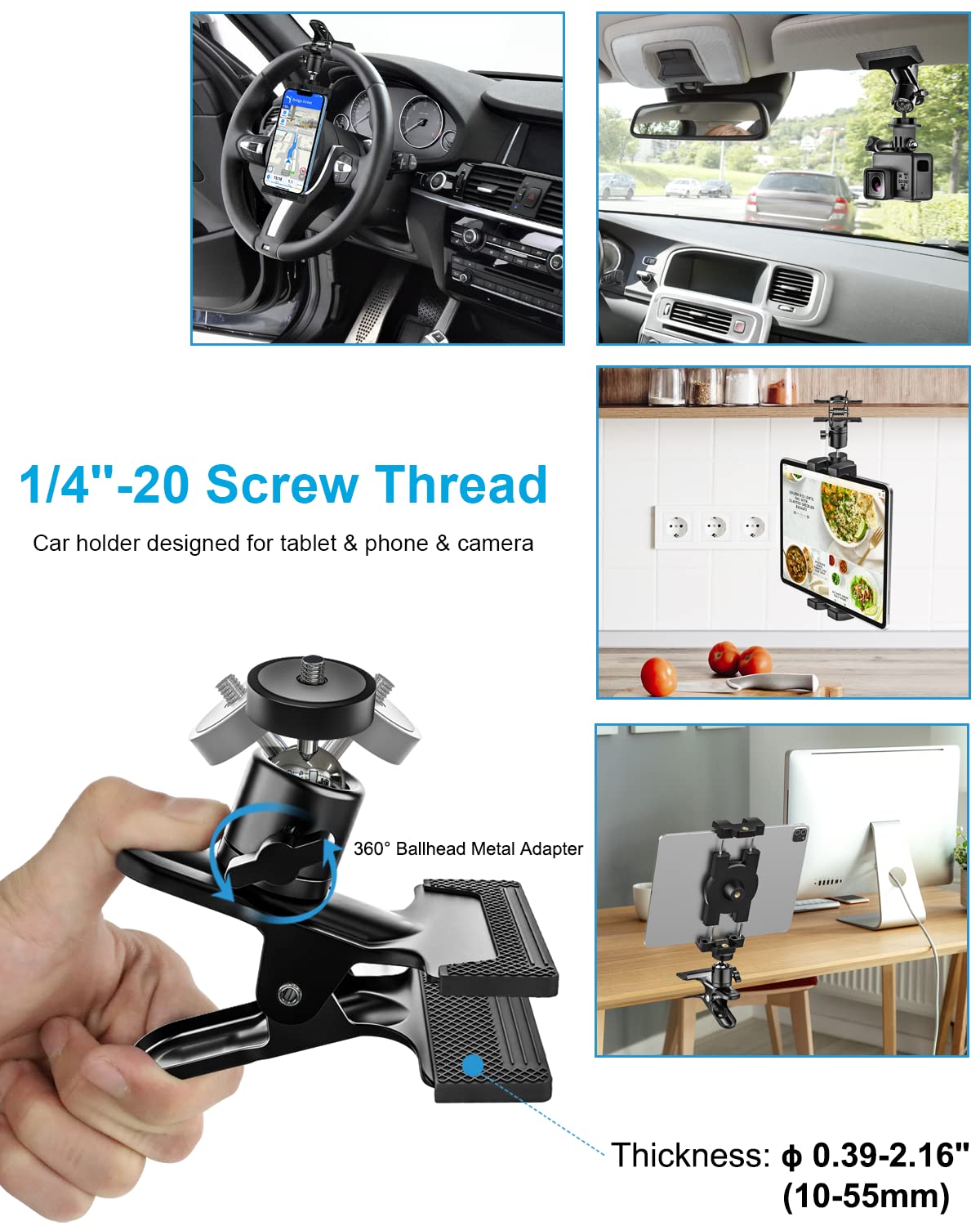 woleyi Sun Visor Car Tablet Holder, Visor Clip Tablet Mount for Car, 360° Rotation Universal Steering Wheel Tablet Clamp with 1/4'' Screw for iPad Pro Air Mini, Phone, Switch, 4.7-13" Devices/Camera