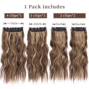 4PCS Clip in Hair Extensions Honey Blonde Mixed Light Brown 20 Inch Long Wavy Synthetic Hair Extensions (4pcs, 20Inch, 22H10#)