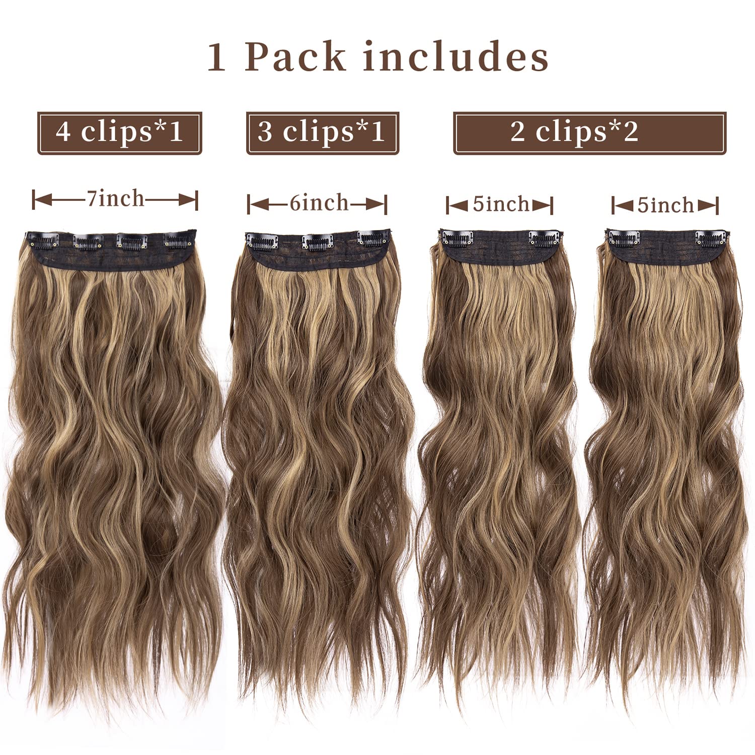 4PCS Clip in Hair Extensions Honey Blonde Mixed Light Brown 20 Inch Long Wavy Synthetic Hair Extensions (4pcs, 20Inch, 22H10#)