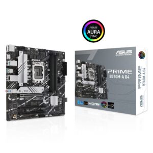 ASUS Prime B760M-A D4 Intel® B760 (LGA 1700)(13th and 12th Gen) mATX Motherboard, PCIe 4.0, 2xM.2 Slots,2.5Gb LAN, DisplayPort,Dual HDMI,Rear USB 3.2 Gen 2, Front 1 Type-C®, Aura Sync