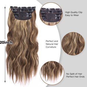 4PCS Clip in Hair Extensions Honey Blonde Mixed Light Brown 20 Inch Long Wavy Synthetic Hair Extensions (4pcs, 20Inch, 22H10#)