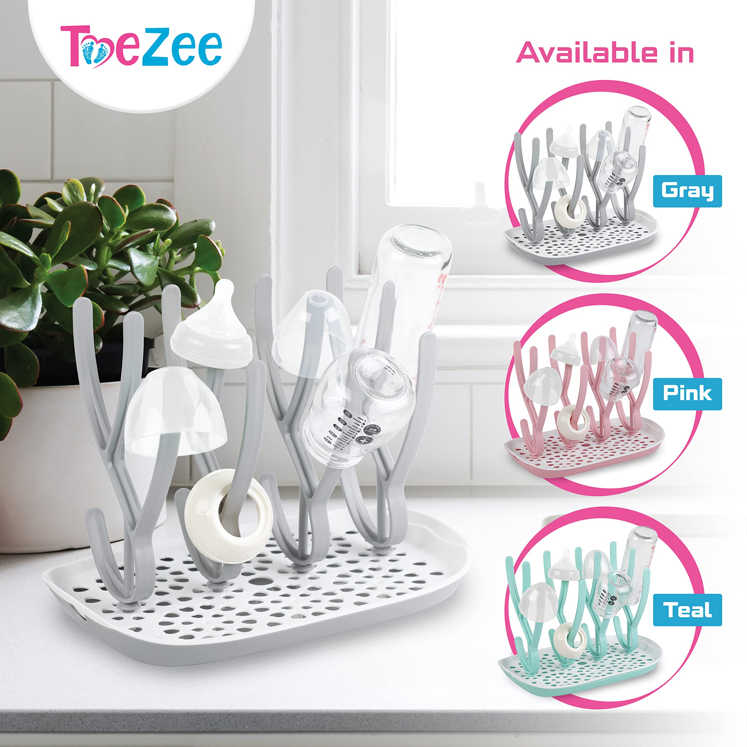 ToeZee Baby Bottle Drying Rack Space Saving Countertop Baby Bottle Holder, Drying Rack for Baby Bottles Accessories - Stores Up to 12 Bottles, Dishwasher Safe (Gray)