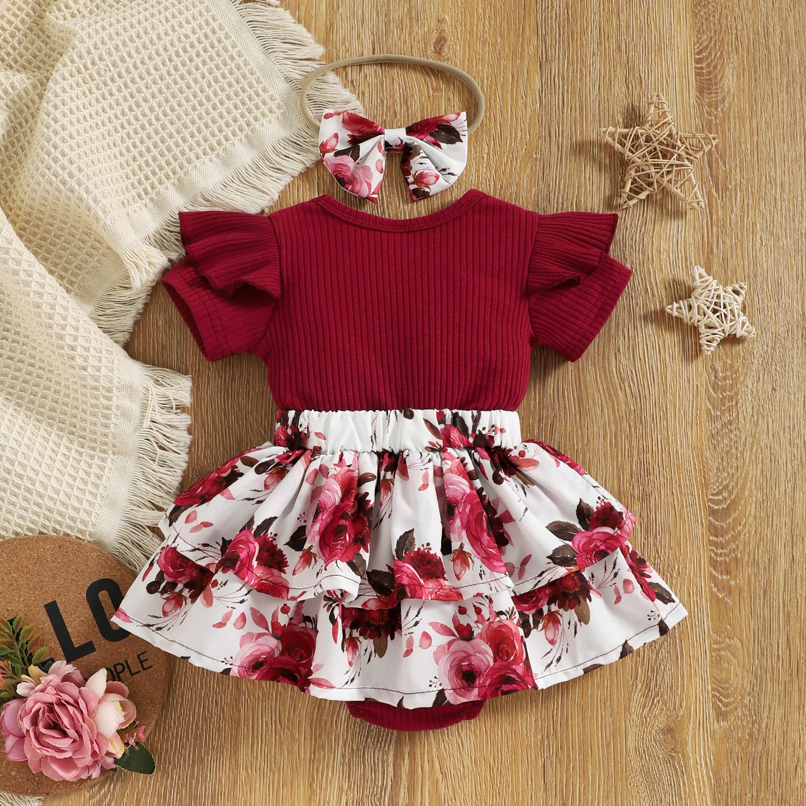 Newborn Baby Girls Daisy Romper Dress Summer Mama Saying Clothes Short Sleeve Jumpsuit Floral Onesie Headband (Wine Red, 6-12 Months)