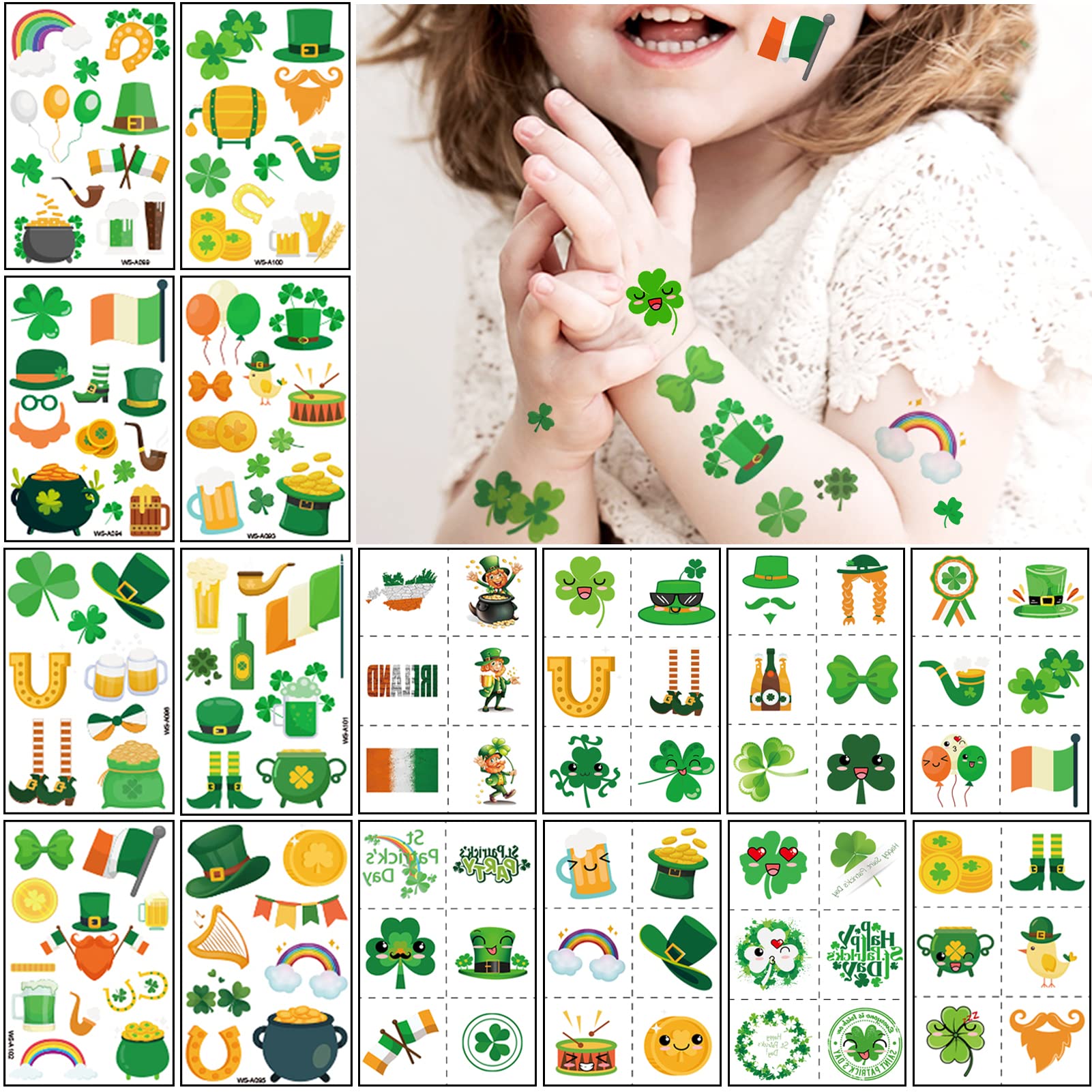 128 Pcs St Patricks Day Tattoos Temporary Shamrock Tattoos for Irish St Patricks Day Decorations Party Favors,16 Sheets