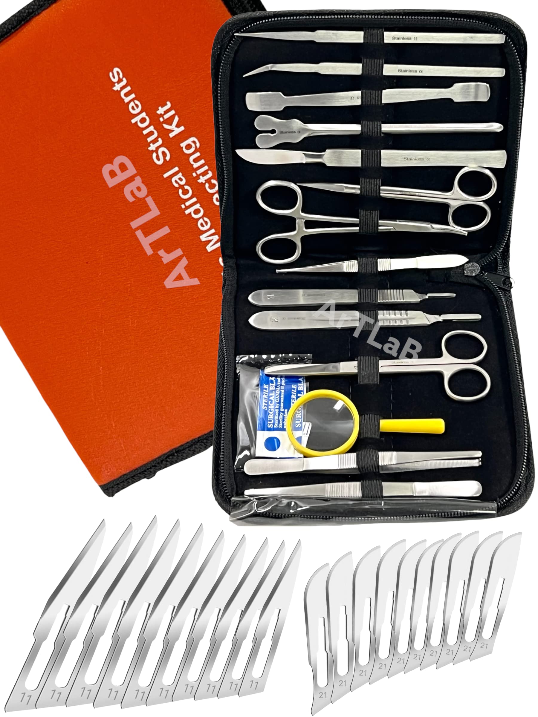 New Premium Stainless Steel Biology Lab/Anatomy/Medical Student Dissection Kit Set - Scalpel Knife Handle,Blades, Forceps, Scissors and Tweezers- Medical Students and Veterinary (Set of 34 Each)