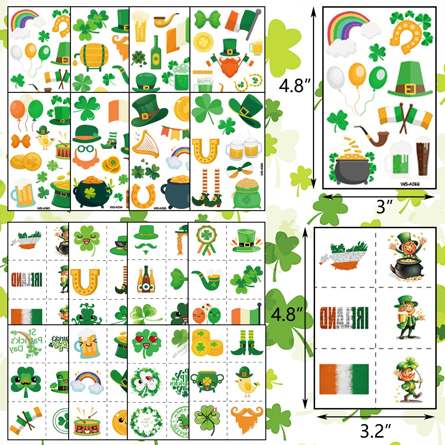 128 Pcs St Patricks Day Tattoos Temporary Shamrock Tattoos for Irish St Patricks Day Decorations Party Favors,16 Sheets