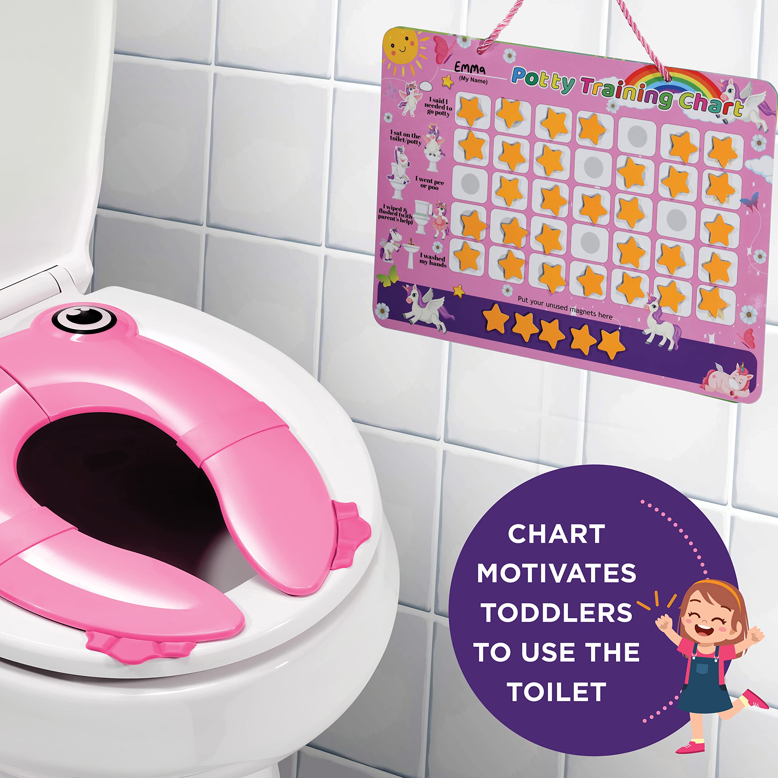 Potty Training Chart for Toddler Girls, Unicorn Theme, with 35 Reusable Magnetic Stars and Cool Stickers, Marker, Eraser & Hook Included, Motivational Unicorn Potty Training Rewards Chart for Girls