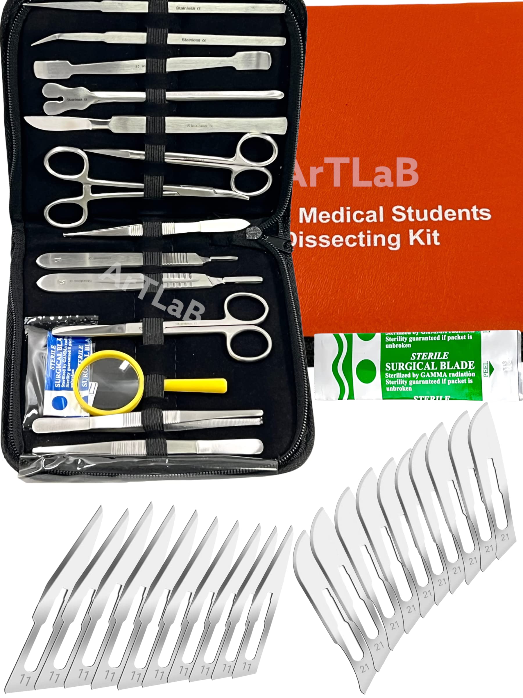 New Premium Stainless Steel Biology Lab/Anatomy/Medical Student Dissection Kit Set - Scalpel Knife Handle,Blades, Forceps, Scissors and Tweezers- Medical Students and Veterinary (Set of 34 Each)