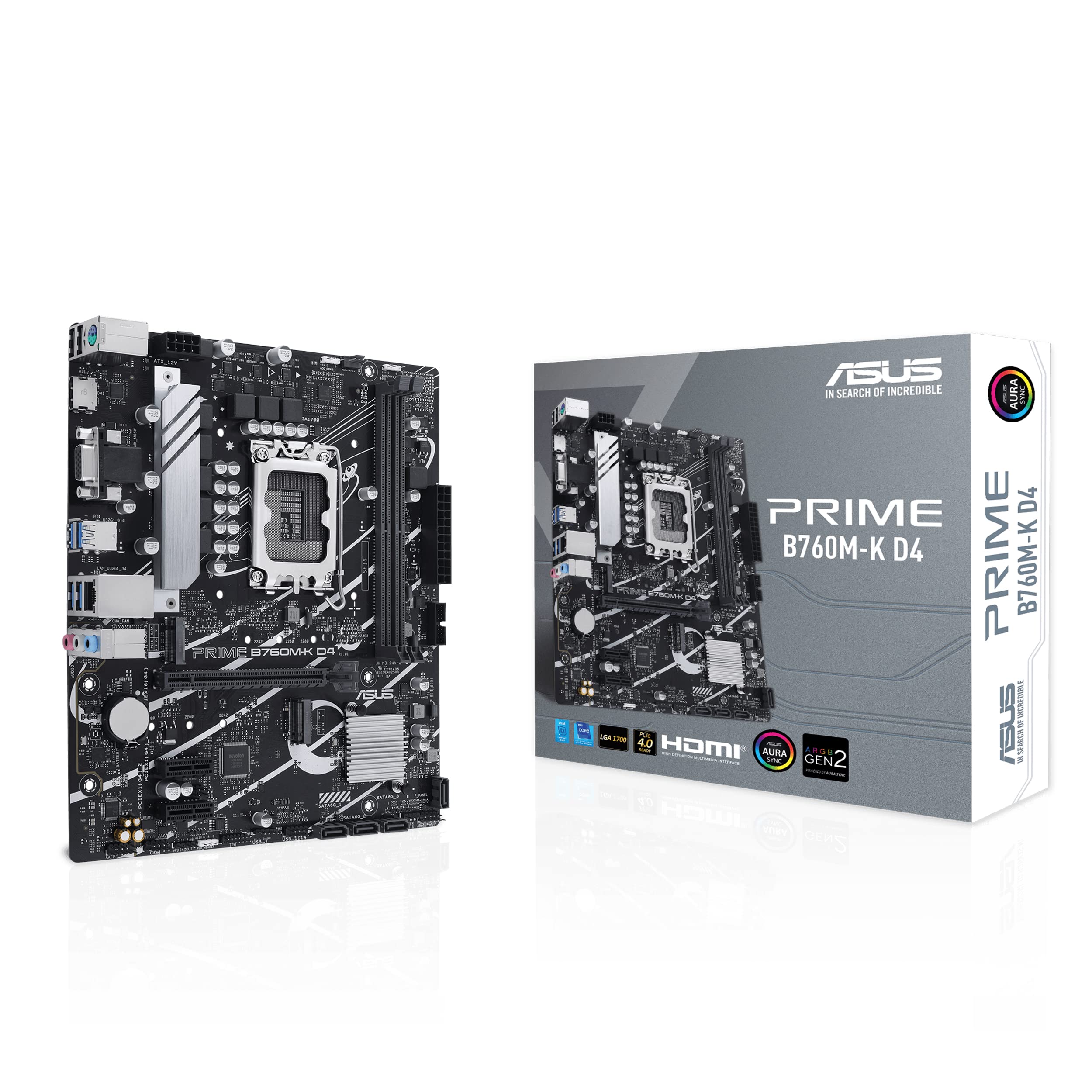 ASUS PRIME B760M-K D4 Intel® B760 (LGA 1700)(13th and 12th Gen) mATX motherboard, PCIe 4.0, two PCIe 4.0 M.2 slots, DDR4, Realtek 2.5Gb Ethernet, HDMI®, SATA 6 Gbps, front USB 3.2 Gen 1, Aura Sync