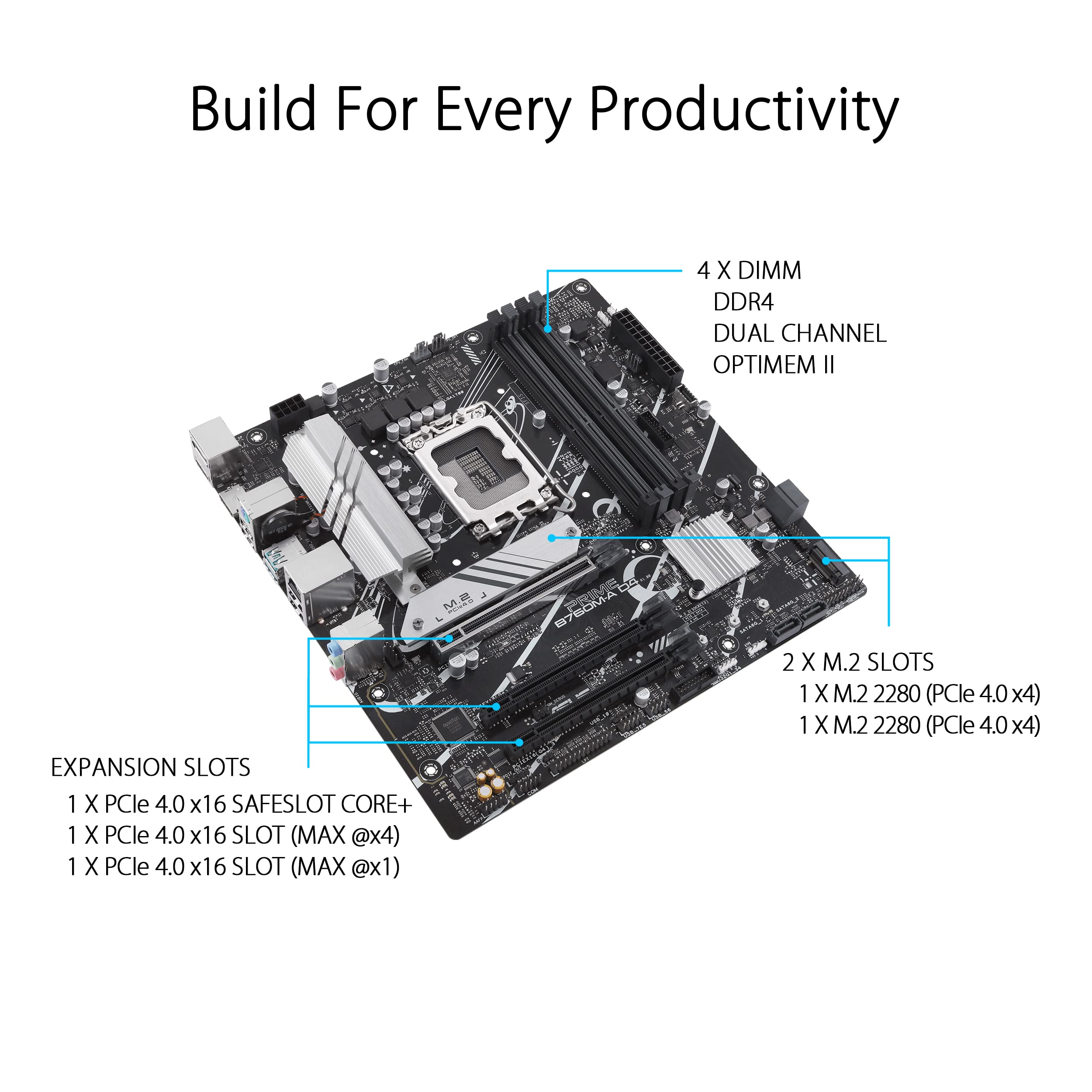 ASUS Prime B760M-A D4 Intel® B760 (LGA 1700)(13th and 12th Gen) mATX Motherboard, PCIe 4.0, 2xM.2 Slots,2.5Gb LAN, DisplayPort,Dual HDMI,Rear USB 3.2 Gen 2, Front 1 Type-C®, Aura Sync