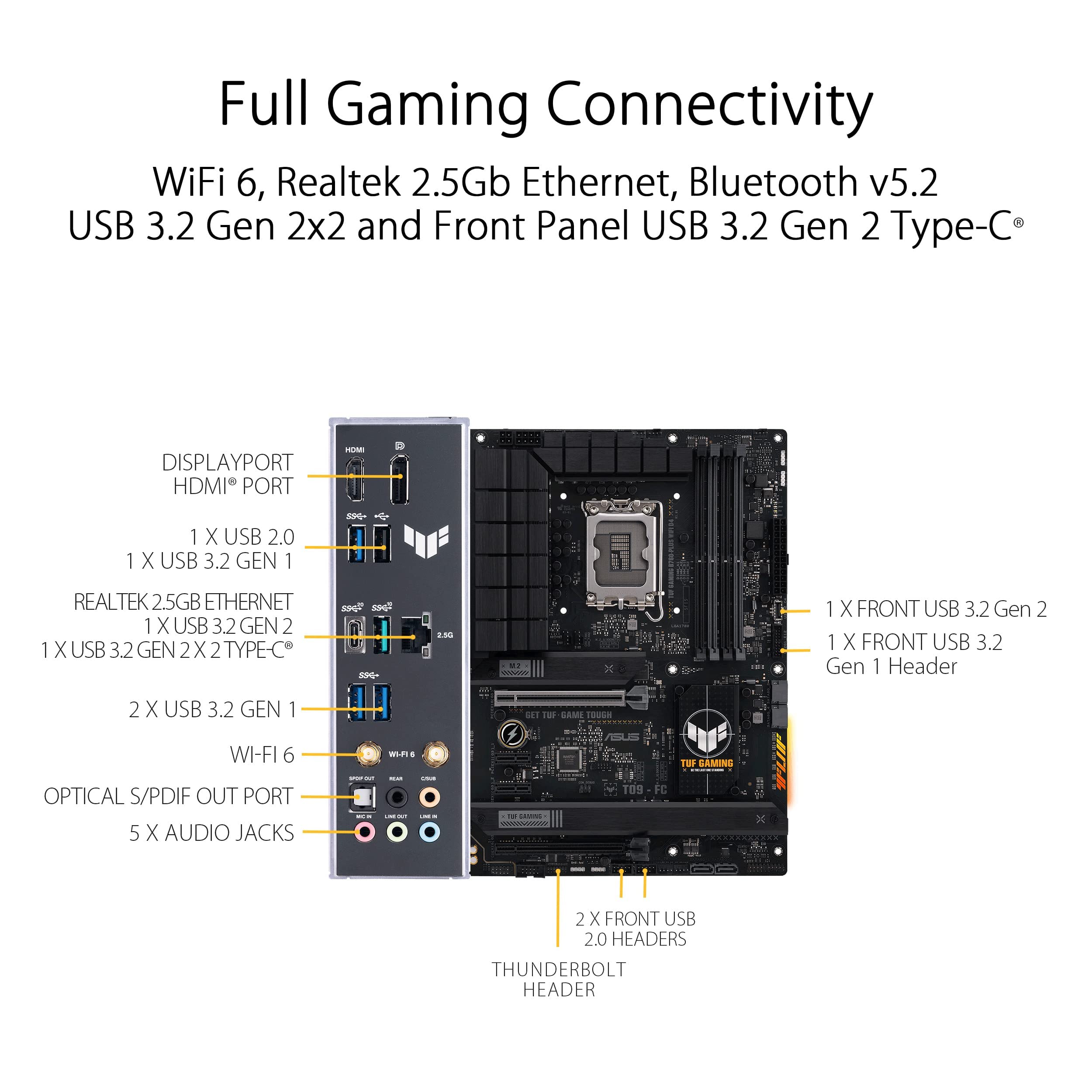 ASUS TUF GAMING B760-PLUS WIFI D4 Intel(13th and 12th Gen) LGA 1700 ATX motherboard,PCIe 5.0,3xPCIe 4.0 M.2 slots,DDR4,2.5Gb LAN,USB 3.2 Gen 2x2 Type-C,front USB 3.2 Gen 2 Type-C®, Thunderbolt(USB4®)