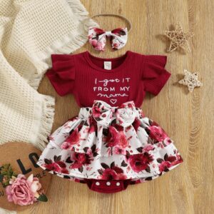 Newborn Baby Girls Daisy Romper Dress Summer Mama Saying Clothes Short Sleeve Jumpsuit Floral Onesie Headband (Wine Red, 6-12 Months)