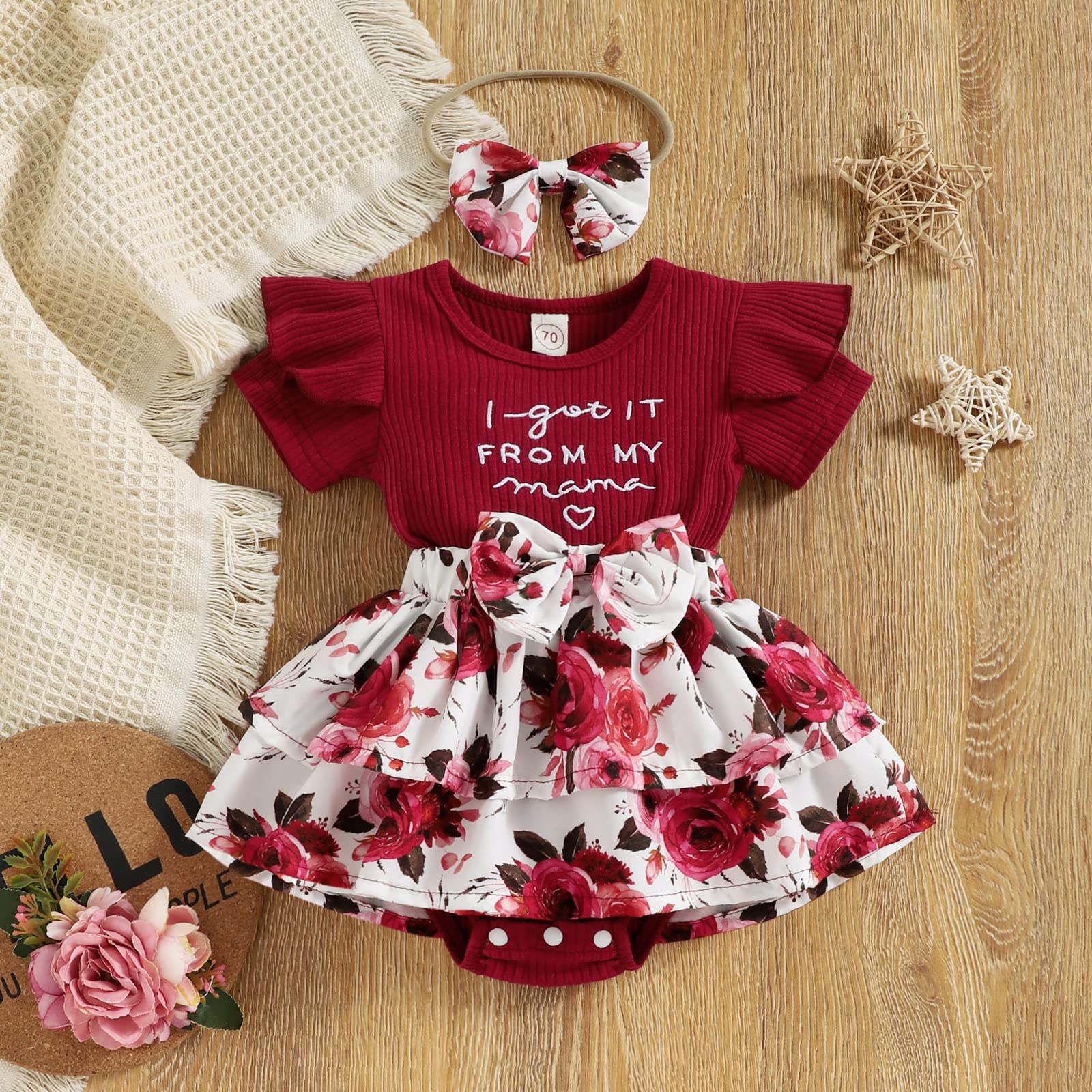 Newborn Baby Girls Daisy Romper Dress Summer Mama Saying Clothes Short Sleeve Jumpsuit Floral Onesie Headband (Wine Red, 6-12 Months)