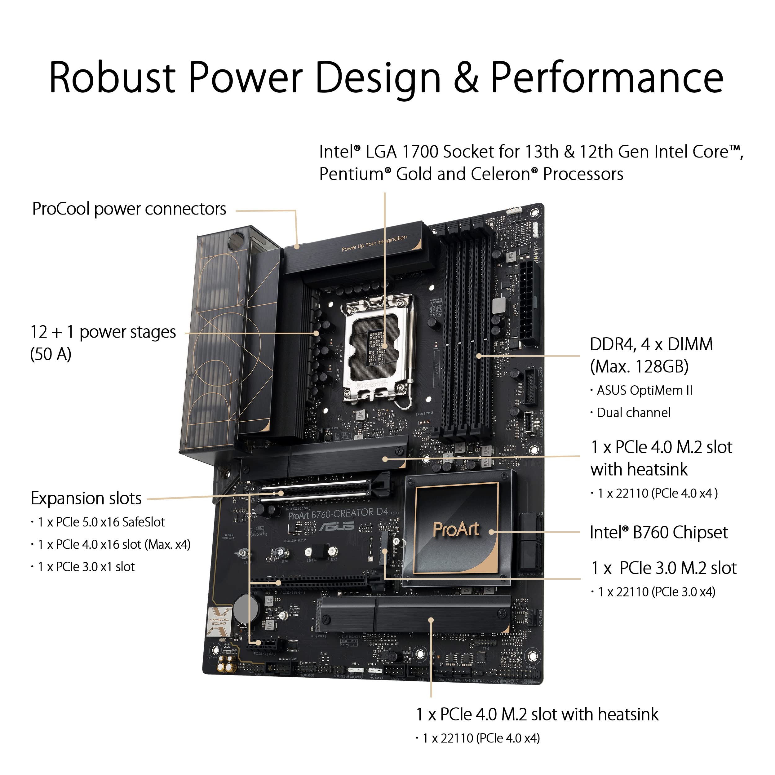 ASUS ProArt B760-CREATOR D4 Intel LGA 1700(13th and 12th Gen) ATX Content Creator Motherboard,DDR4,PCIe 5.0,3xM.2 Slots,2.5 Gb &1Gb LAN,Front USB 3.2 Gen 2x2 Type-C,Thunderbolt(USB4®) Header