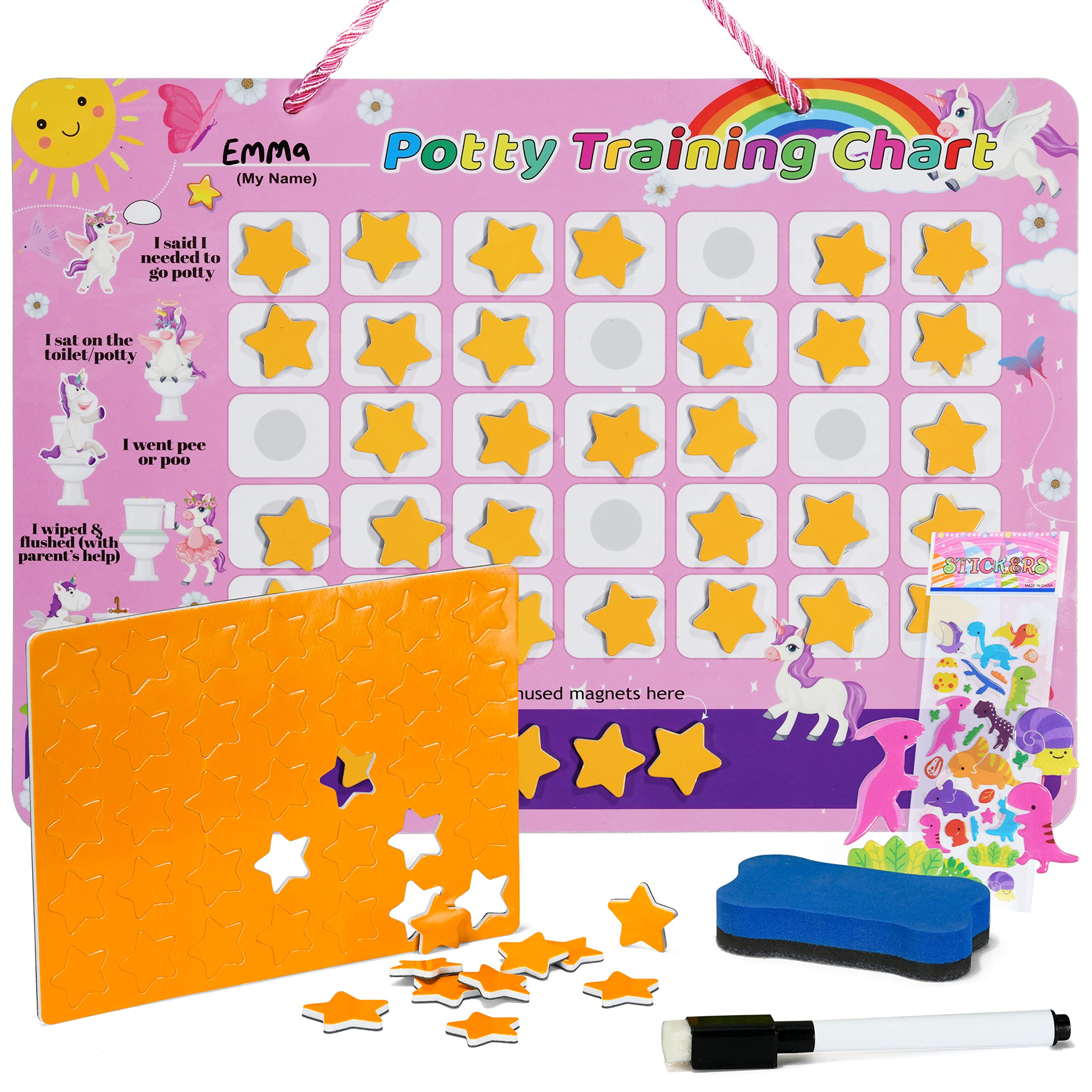 Potty Training Chart for Toddler Girls, Unicorn Theme, with 35 Reusable Magnetic Stars and Cool Stickers, Marker, Eraser & Hook Included, Motivational Unicorn Potty Training Rewards Chart for Girls