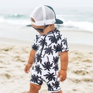 Infant Baby Boys One Piece Swimsuit Cute Shark Print Short Sleeve Zip Up Rashguard Swimwear Bathing Suit (White# Coconut Tree, 0-3 Months)