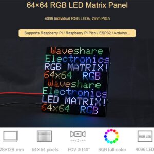 waveshare RGB Full Color LED Matrix Panel 64x64, 4096 RGB LEDs, 2mm Pitch, Adjustable Brightness, Display Text, Colorful Image, Animation,Compatible with Raspberry Pi/Raspberry Pi Pico / ESP32