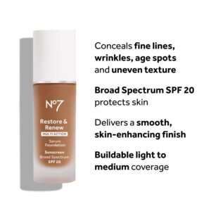 No7 Restore & Renew Multi Action Serum Foundation - Wheat - Liquid Foundation Makeup with Vitamin C, Vitamin E & Collagen for Face - Beauty Skin Serum Formula with Medium Coverage (30ml)