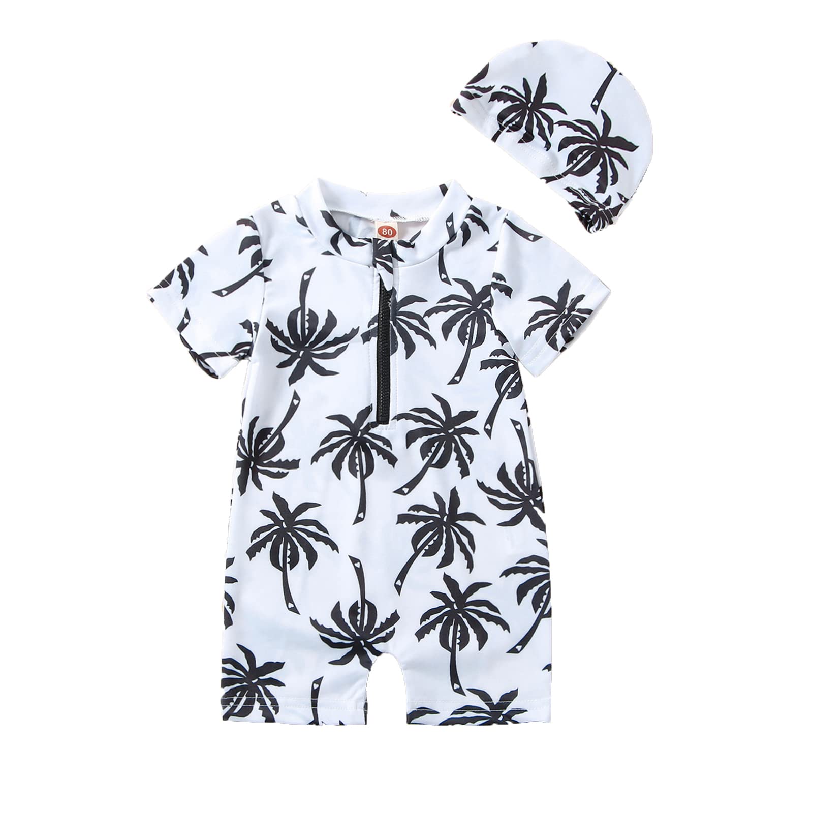 Infant Baby Boys One Piece Swimsuit Cute Shark Print Short Sleeve Zip Up Rashguard Swimwear Bathing Suit (White# Coconut Tree, 0-3 Months)