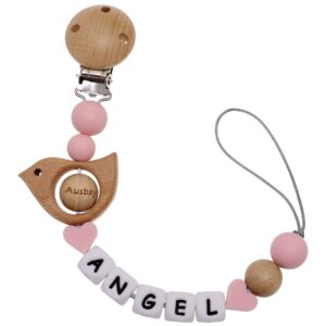 personalized stroller clip with name, wooden bird shape (pink)