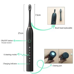 dazeni Sonic Electric Toothbrush with 8 Brush Heads for Adults and Kids, High Power Rechargeable Electric Toothbrushes, 6 Modes, 8 Hours Fast Charge for 15 Days, 2 Minutes Smart Timer (White)