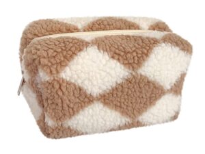 checkered makeup bag, checkered plush cosmetic bag, asthetic plaid handbags, cute zipper large travel toiletry bag, soft storage pouch pencil case fluffy fuzzy makeup bag for women girls (khaki)