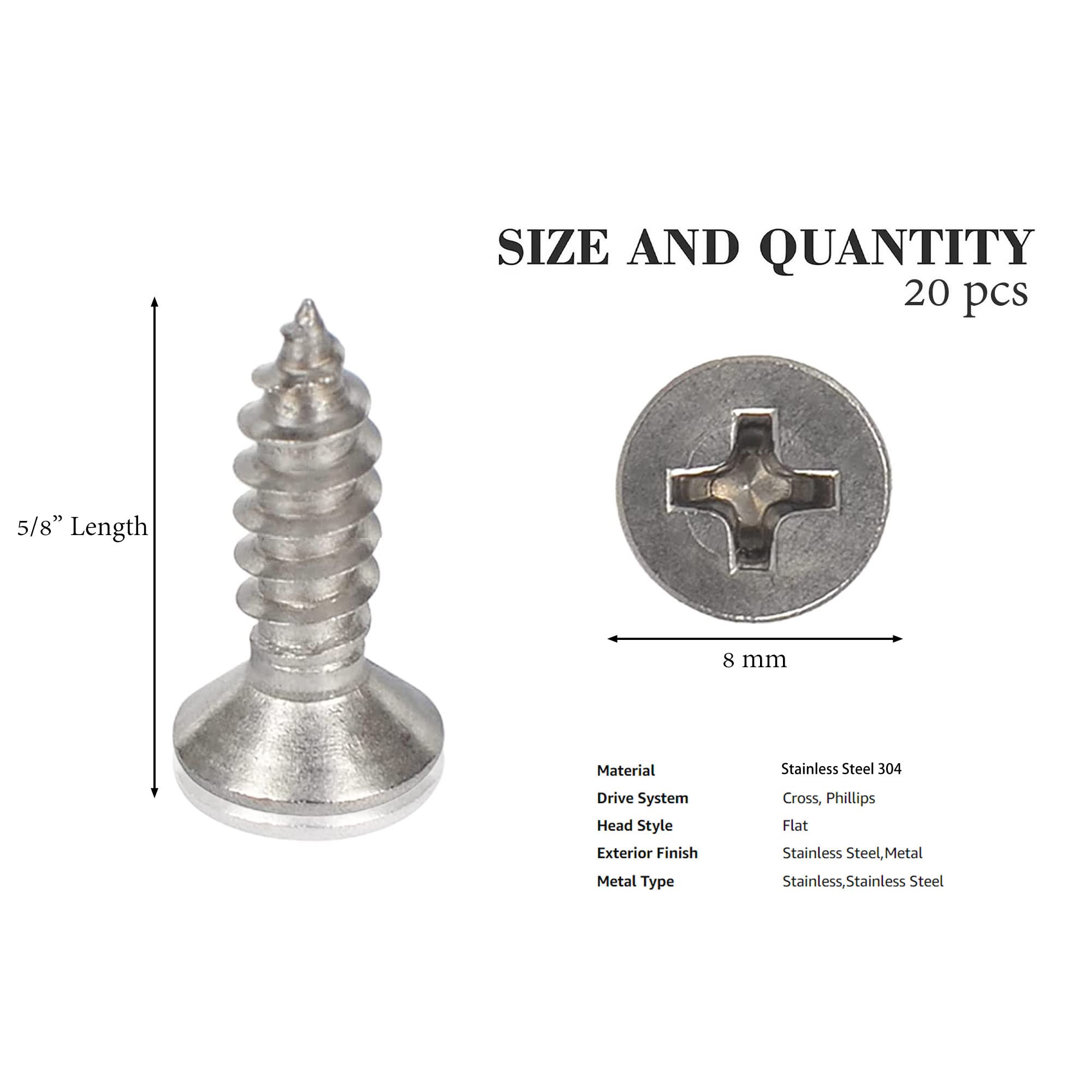 Hession Wood Screws Stainless Steel 304 Flat Head Phillips Drive Self Tapping Screw for Sheet Metal Thread Sharp Point 20pcs Pack (#8 x 5/8 inch)