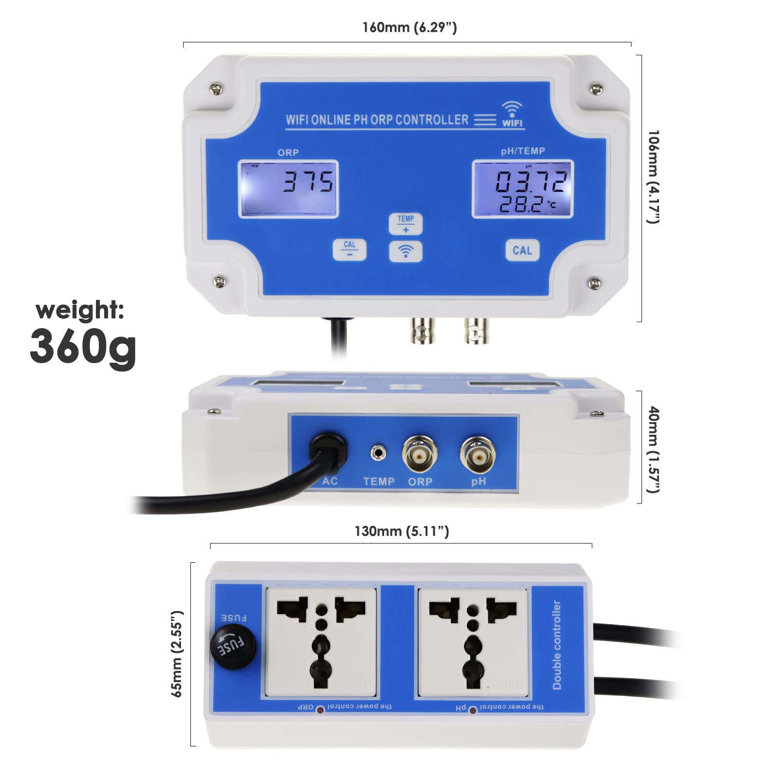 Smart pH ORP Controller, 3 in 1 Aquarium pH Monitor Wi-Fi for pH/ORP/Temp Measurements in Water with Calibration, Can Fit with CO2 Bottle & O3 Generator