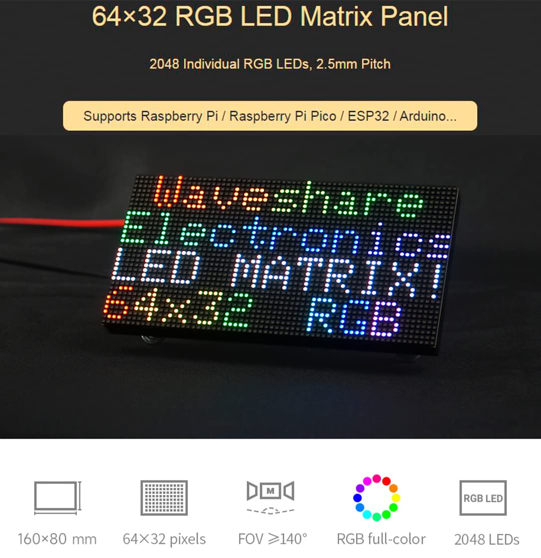 64x32 2048 RGB Full Color LED Matrix Panel 2.5mm Pitch P2.5, Display Text/Colorful Image/Animation Adjustable Brightness Chainable Design,Compatible with Raspberry Pi / Raspberry Pi Pico / ESP32