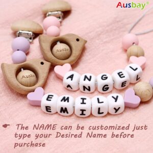 Personalized Stroller Clip with Name, Wooden Bird Shape (Pink)