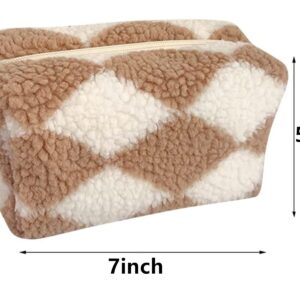 Checkered Makeup Bag, Checkered Plush Cosmetic Bag, Asthetic Plaid Handbags, Cute Zipper Large Travel Toiletry Bag, Soft Storage Pouch Pencil Case Fluffy Fuzzy Makeup Bag for Women Girls (Khaki)