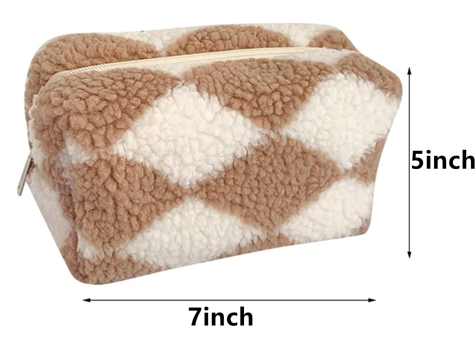 Checkered Makeup Bag, Checkered Plush Cosmetic Bag, Asthetic Plaid Handbags, Cute Zipper Large Travel Toiletry Bag, Soft Storage Pouch Pencil Case Fluffy Fuzzy Makeup Bag for Women Girls (Khaki)